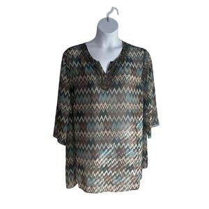 Maggie Barnes For Catherines Women‎ 2XWP Zigzag Blue Bohemian Mesh Blouse Casual
